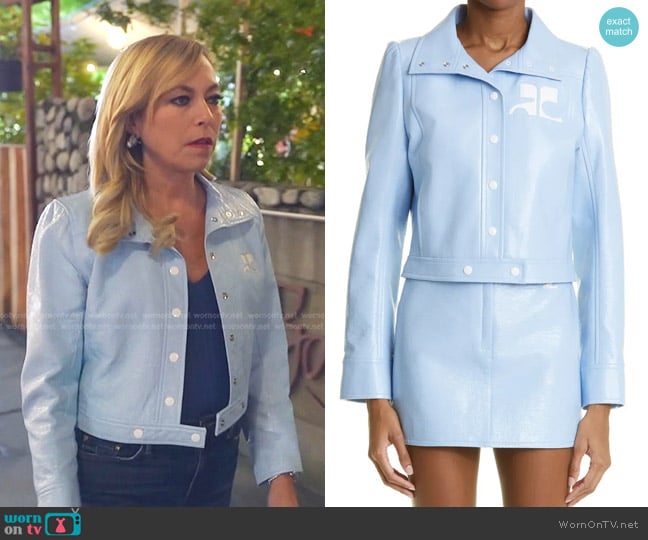 Courrèges Logo Patch Vinyl Jacket in Sky worn by Sutton Stracke on The Real Housewives of Beverly Hills