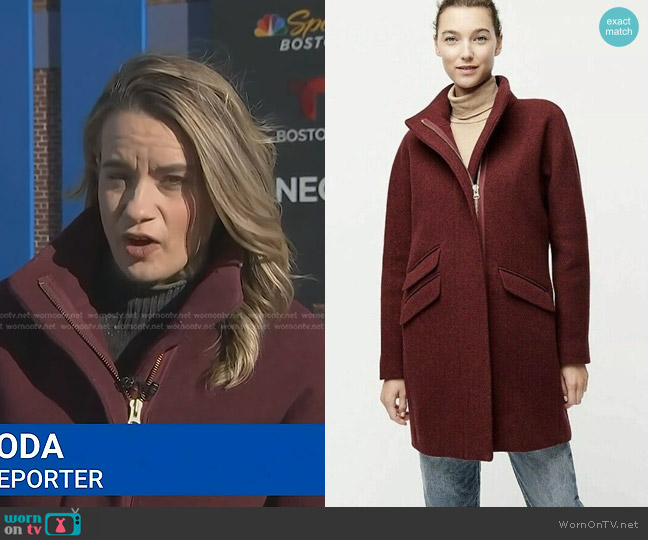 j. Crew Cocoon Coat in Italian stadium-cloth wool blend in Heather Fire Red worn by Abbey Niezgoda on NBC News Daily