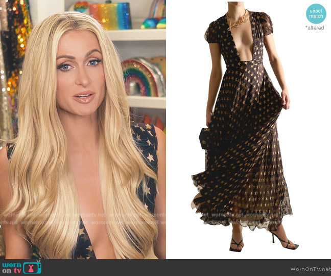 Diane von Furstenberg Plunging gold star print layered dress worn by Paris Hilton on Paris in Love