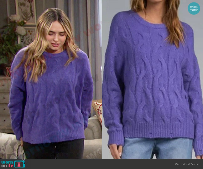 Elan Distressed Sweater in Purple worn by Holly Jonas (Ashley Puzemis) on Days of our Lives