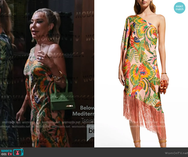 Farm Rio Macaw Leaves One-Shoulder Fringe Midi Dress worn by  on The Real Housewives Ultimate Girls Trip