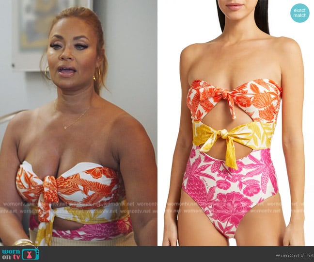 Farm Rio Tropical Woodcut Strapless Cutout One-Piece Swimsuit worn by Gizelle Bryant on The Real Housewives of Potomac