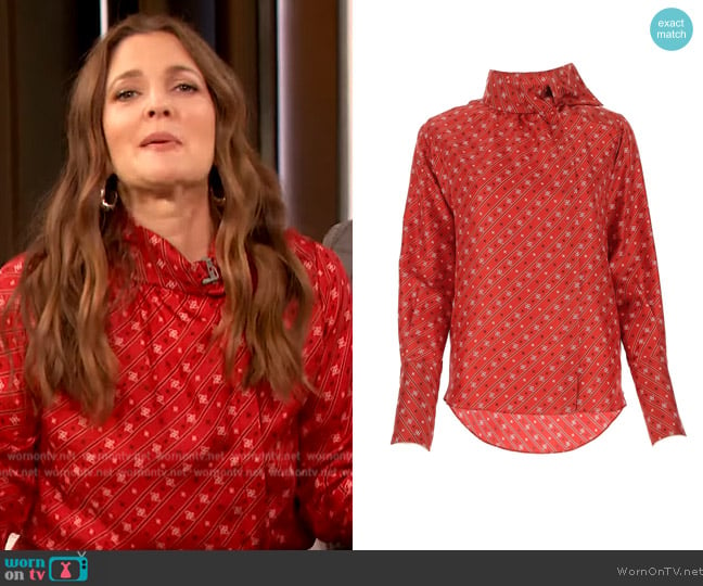 Fendi Foulard Detail Printed Blouse worn by Drew Barrymore on The Drew Barrymore Show