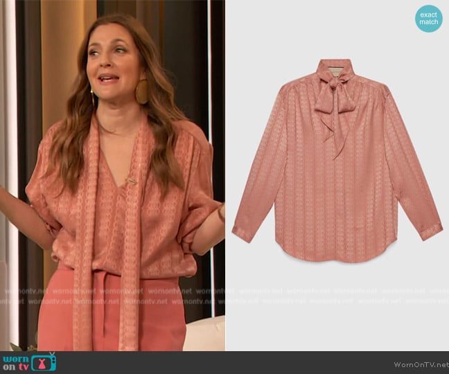 Gucci Crepe Satin Shirt with Neck Tie worn by Drew Barrymore on The Drew Barrymore Show