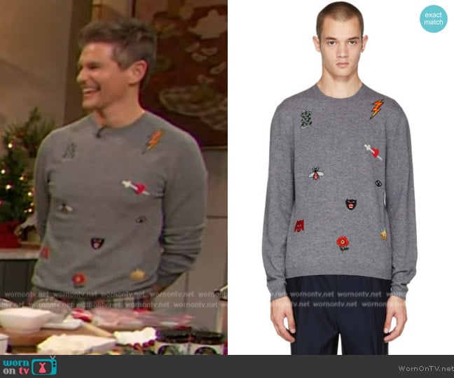 Gucci Gray Embroidered Sweater worn by David Burtka on The Drew Barrymore Show