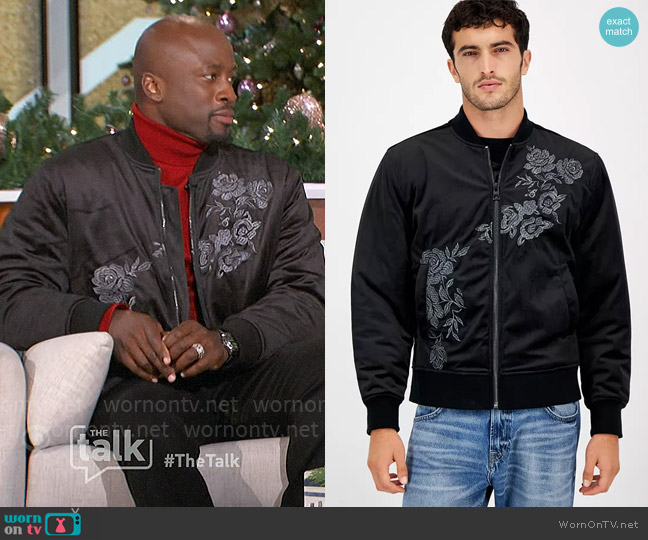 Guess Fulham Velvet Embroidered Zip-Front Bomber Jacket worn by Akbar Gbajabiamila on The Talk