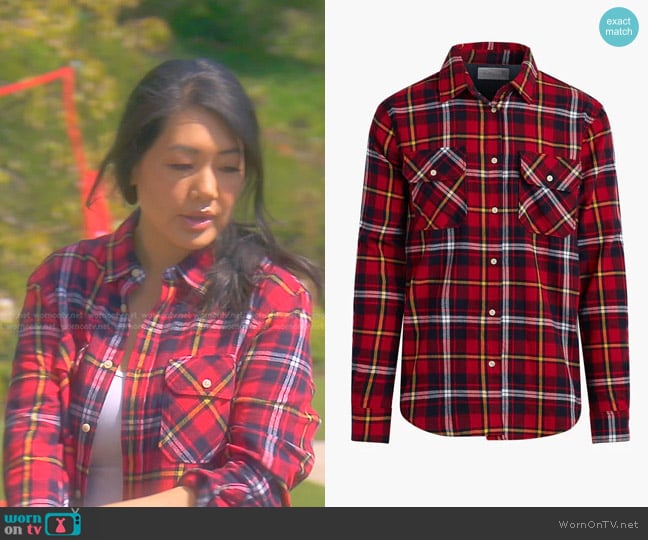 Joes Jeans Unisex Plaid Flannel Shirt in Brushed Red worn by Crystal Kung Minkoff on The Real Housewives of Beverly Hills