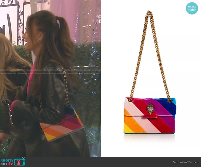 Kurt Geiger London  Rainbow Mini Kensington Velvet Bag worn by Kyle Richards on The Real Housewives of Beverly Hills