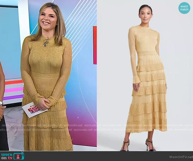 Lela Rose Ruffle Detail Knit Long Sleeve Midi Dress worn by Jenna Bush Hager on Today