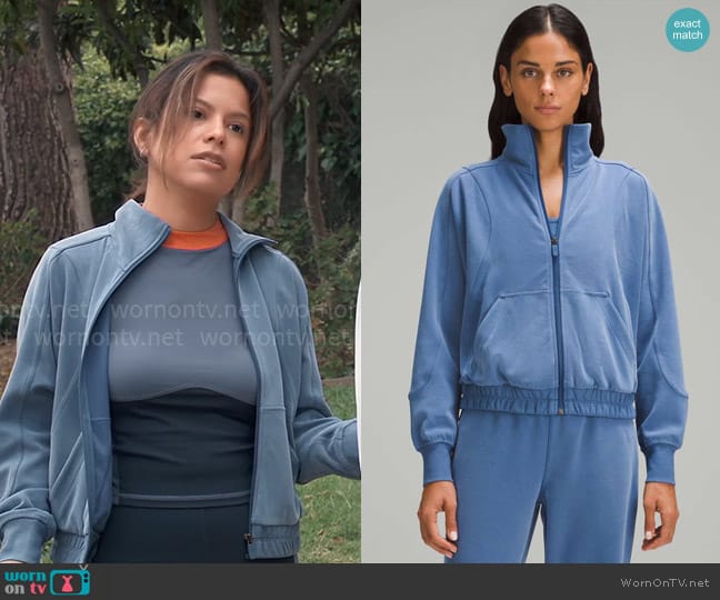 Lululemon Brushed Softstreme Funnel-Neck Zip Up in Pitch Blue worn by Alison 'Blaze' Rogers (Jacqueline Grace Lopez) on General Hospital