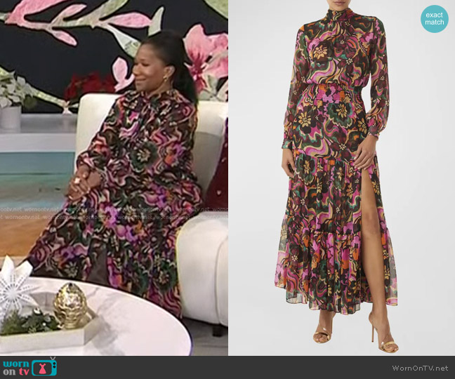 MISA Los Angeles Daphne Tie-Back Bow Floral Slit Maxi Dress worn by Nicole Avant on Today