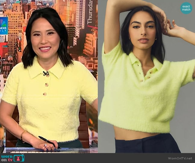 Maeve Eyelash Cropped Polo Sweater in Green worn by Vicky Nguyen on NBC News Daily