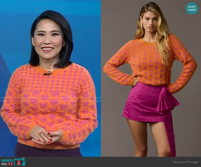 Maeve Houndstooth Fuzzy Cropped Sweater in Orange worn by Vicky Nguyen on Today