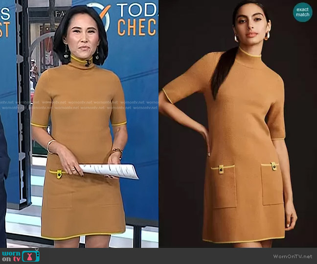 Maeve The Annalise Mock-Neck Mini Sweater Dress in Cedar worn by Vicky Nguyen on Today