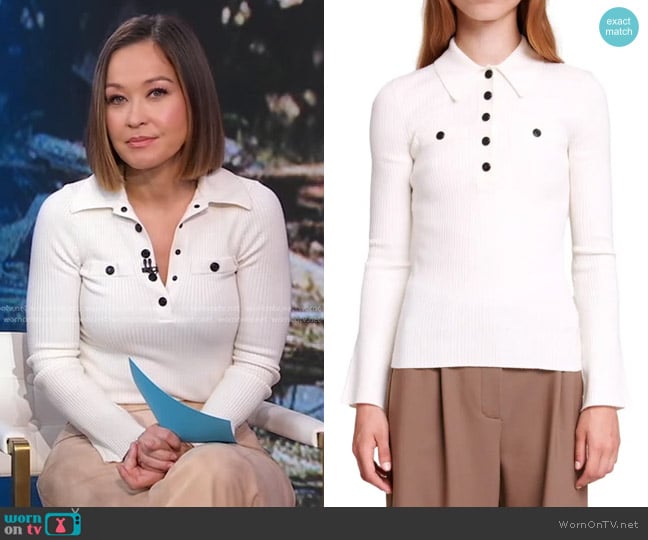 Maje Ribbed Knit Polo Shirt in Ecru worn by Eva Pilgrim on Good Morning America