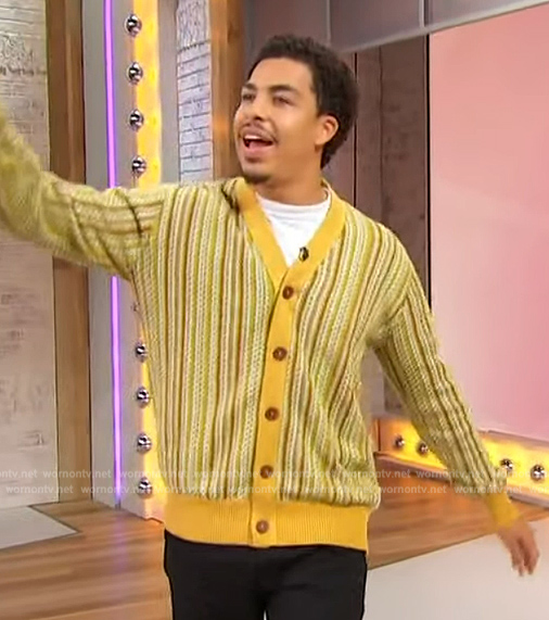 Marcus Scribner’s yellow stripe cardigan on Sherri