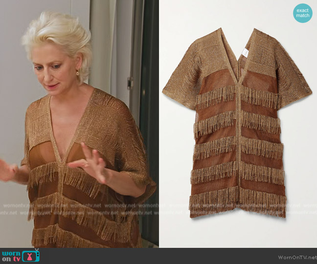 Max Mara Spuma fringed metallic open-knit coverup worn by Dorinda Medley on The Real Housewives Ultimate Girls Trip