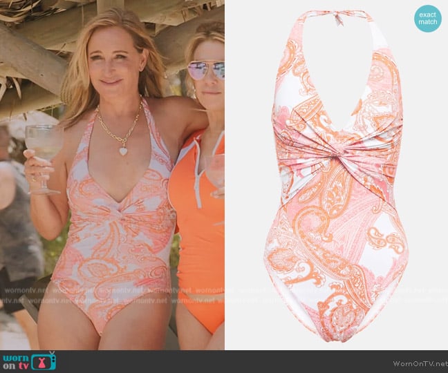 Sonja’s orange paisley print swimsuit on Housewives Ultimate