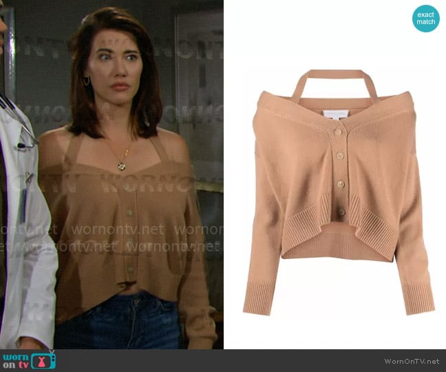 Michael Kors Collection Off-shoulder Cashmere Cardigan worn by Steffy Forrester (Jacqueline MacInnes Wood) on The Bold and the Beautiful