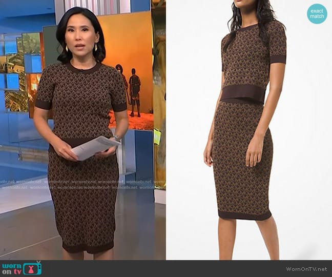 Michael Kors Jacquard Logo Short-Sleeve Top and Jacquard Skirt worn by Vicky Nguyen on NBC News Daily