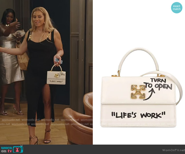 Off-White Jitney 1.4 leather top handle bag worn by Robyn Dixon on The Real Housewives of Potomac