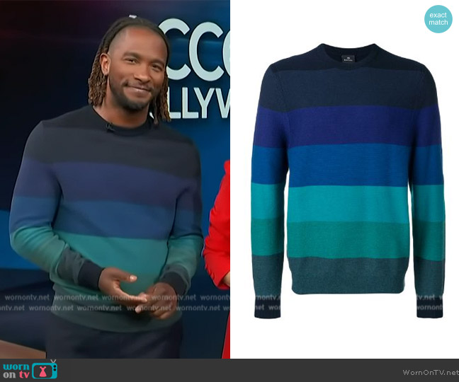 PS Paul Smith Striped crew neck sweater worn by Scott Evans on Access Hollywood