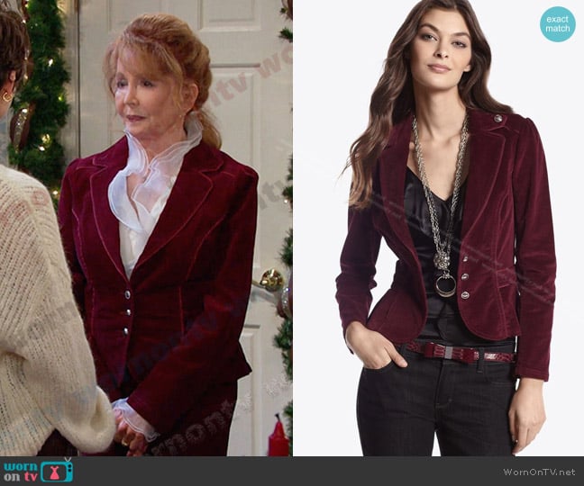 White House Black Market Corduroy Jacket in Plum worn by Maggie Horton (Suzanne Rogers) on Days of our Lives