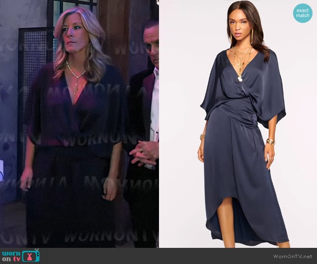 Ramy Brook Adiel Wrap Midi Dress in Navy worn by Carly Spencer (Laura Wright) on General Hospital