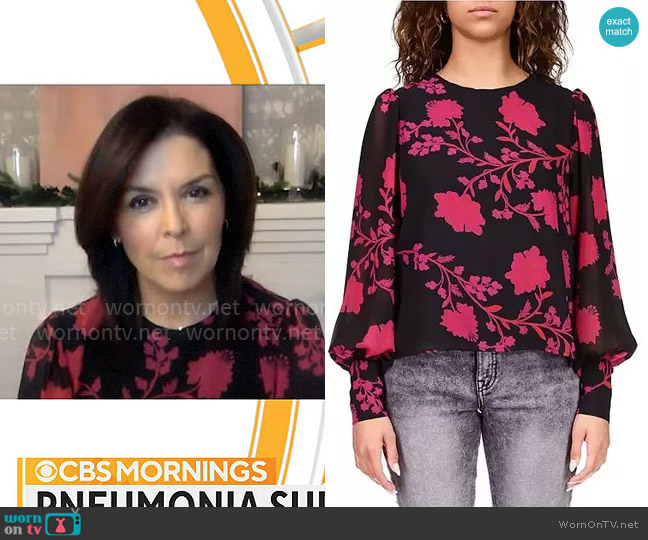 Sanctuary Floral Blouson Sleeve Popover Blouse in Rouge Ivy worn by Meg Oliver on CBS Mornings