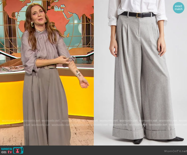 TWP Averyl High Waist Wide Leg Wool Blend Pants worn by Drew Barrymore on The Drew Barrymore Show