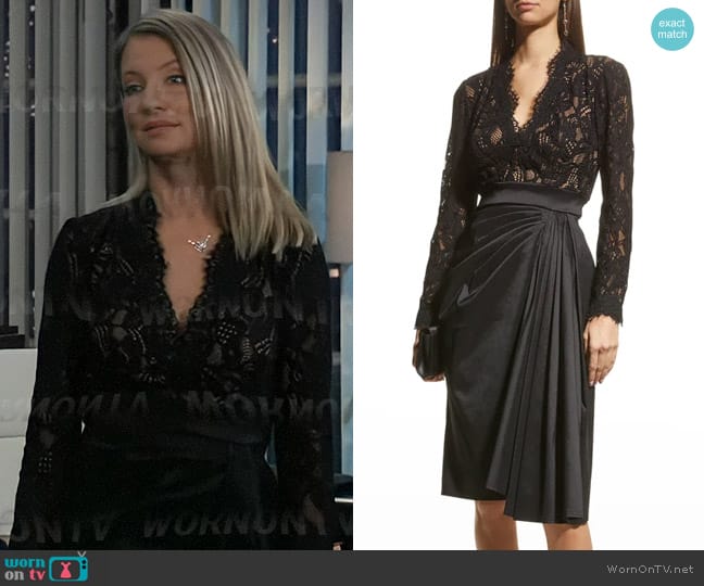 Tadashi Shoji Scalloped Lace & Taffeta Long-Sleeve Dress worn by Nina Reeves (Cynthia Watros) on General Hospital