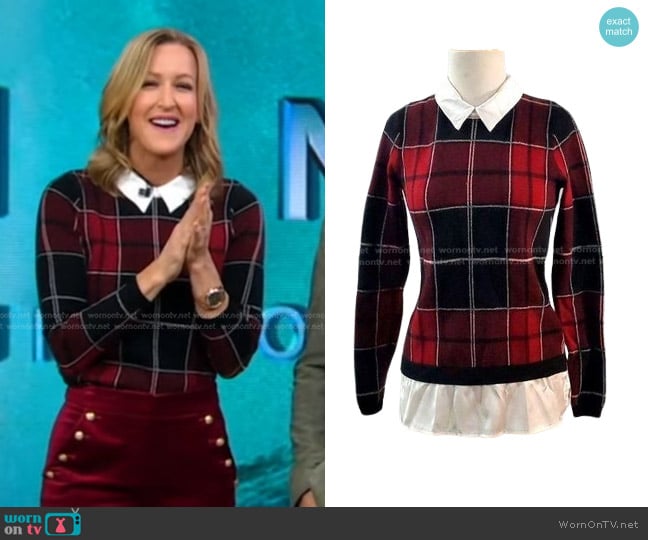 Tahari Layered Plaid Sweater worn by Lara Spencer on Good Morning America