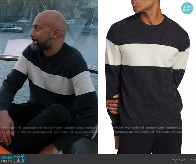 Theory Hilles Wool & Cashmere Stripe Crewneck Sweater worn by Keegan-Michael Key on The Drew Barrymore Show