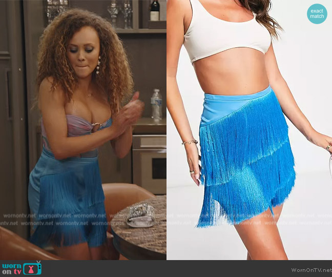 ASOS Fringe mini skirt in blue worn by Ashley Darby on The Real Housewives of Potomac