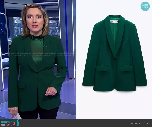 Zara Blazer with Tuxedo Collar in Green worn by Margaret Brennan on CBS Evening News