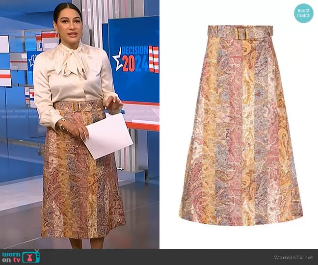 Zimmermann Luminosity Paisley-Print A-Line Midi Skirt worn by Morgan Radford on NBC News Daily