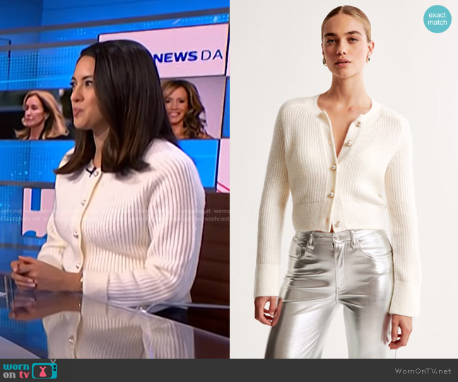 Abercrombie & Fitch Crew Pearl Button Cardigan in Cream worn by Valerie Castro on NBC News Daily