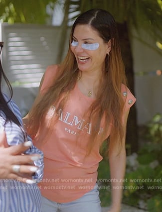 Adriana's pink Balmain logo top on The Real Housewives of Miami