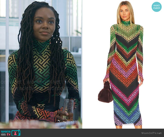 AFRM Shailene Dress in Geo Stripe worn by Hazel-May McCall (Ashleigh Murray) on The Other Black Girl