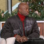 Akbar’s black floral embroidered bomber jacket on The Talk