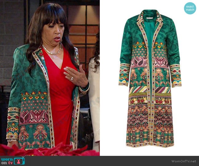 Alice + Olivia Linda Printed And Embroidered Satin Jacket in Green worn by Paulina Price (Jackée Harry) on Days of our Lives