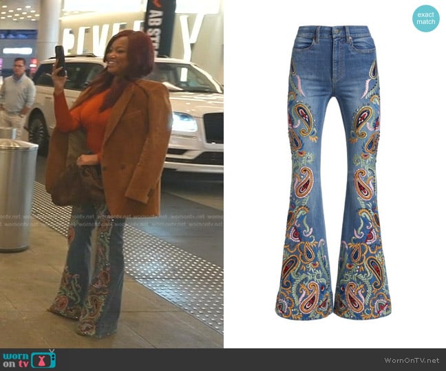 Alice + Olivia Embroidered Bell Bottom Jeans worn by Garcelle Beauvais on The Real Housewives of Beverly Hills