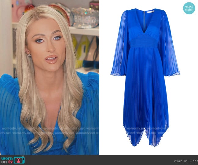 Alice + Olivia Sion plissé midi dress worn by Paris Hilton on Paris in Love