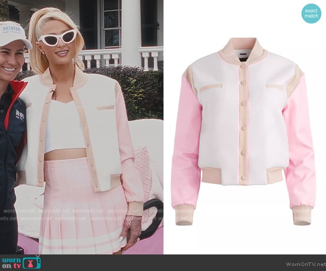 Alice + Olivia Keri Vegan Leather Varsity Jacket worn by Paris Hilton on Paris in Love