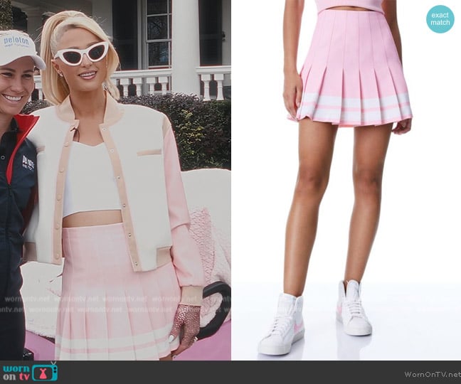 Alice + Olivia Carter Pleated Varsity Stripe Mini Skirt worn by Paris Hilton on Paris in Love