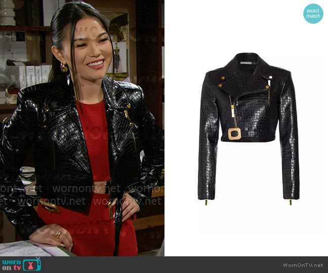 Alice + Olivia Krishna Croc-Embossed Vegan Leather Crop Moto Jacket worn by Luna (Lisa Yamada) on The Bold and the Beautiful