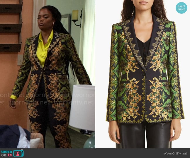 Alice + Olivia Breann Blazer in Rendezvous worn by Sabrina Hollins (Novi Brown) on Tyler Perrys Sistas