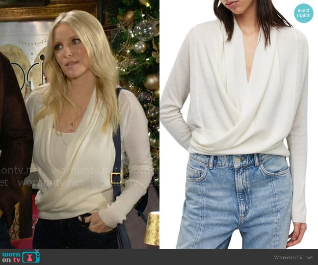 All Saints Wasson Cardigan in Chalk worn by Christine Blair Williams (Lauralee Bell) on The Young and the Restless