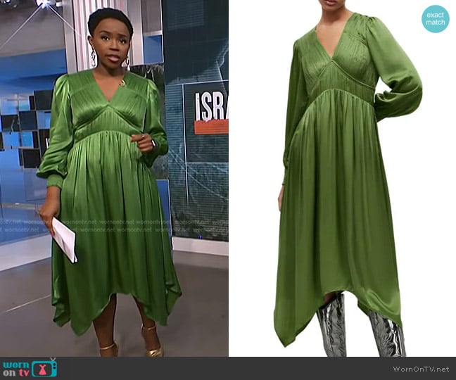 Allsaints Estelle Satin Midi Dress in Cactus Green worn by Zinhle Essamuah on NBC News Daily