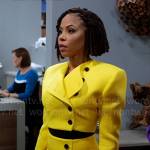 Andi’s yellow buttoned wrap skirt and jacket on Tyler Perrys Sistas